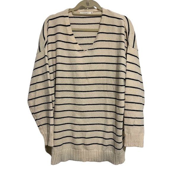 Mod Ref Sweater Womens Cream Black Striped Knit V Neck Pullover Size M/L - Picture 1 of 11